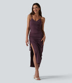 V Neck Non-Removable Pad Ruched Drawstring Bodycon Midi Dress — Plum Wine — view 4