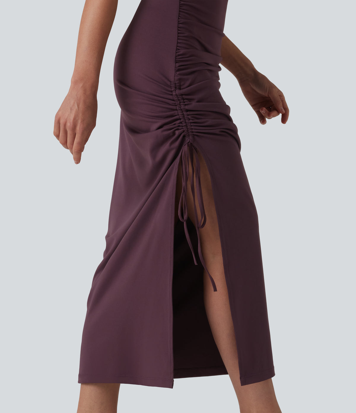 V Neck Non-Removable Pad Ruched Drawstring Bodycon Midi Dress — Plum Wine — view 6
