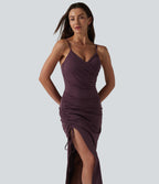 V Neck Non-Removable Pad Ruched Drawstring Bodycon Midi Dress — Plum Wine — view 5