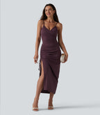 V Neck Non-Removable Pad Ruched Drawstring Bodycon Midi Dress — Plum Wine — view 7