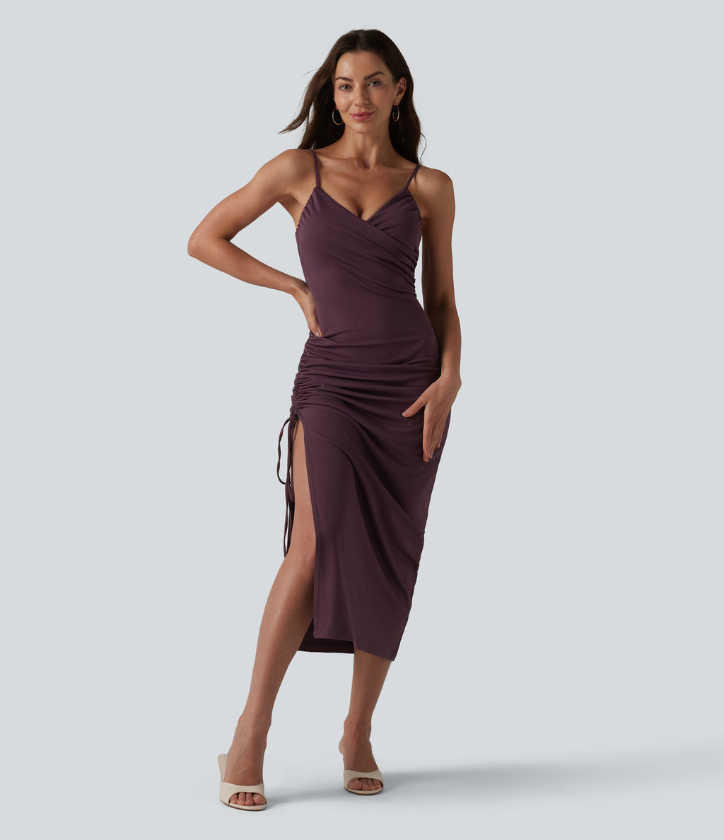 V Neck Non-Removable Pad Ruched Drawstring Bodycon Midi Dress — Plum Wine — view 1