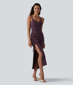 V Neck Non-Removable Pad Ruched Drawstring Bodycon Midi Dress — Plum Wine — view 3