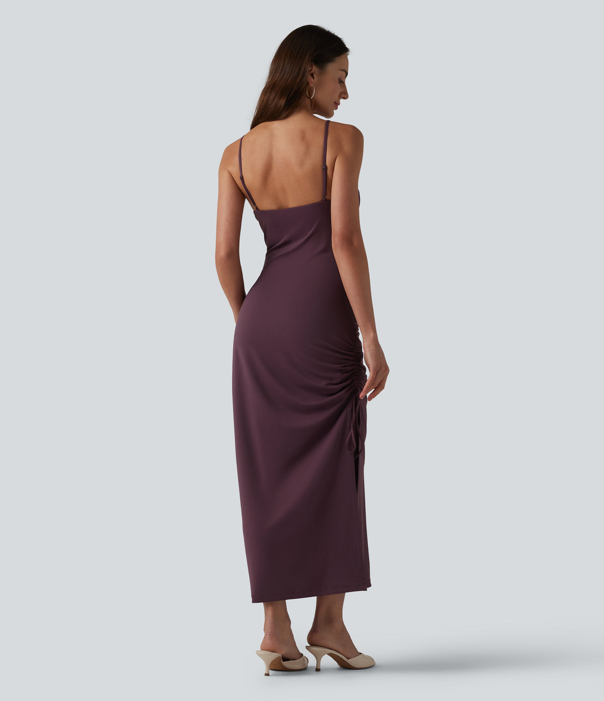 V Neck Non-Removable Pad Ruched Drawstring Bodycon Midi Dress — Plum Wine — view 2