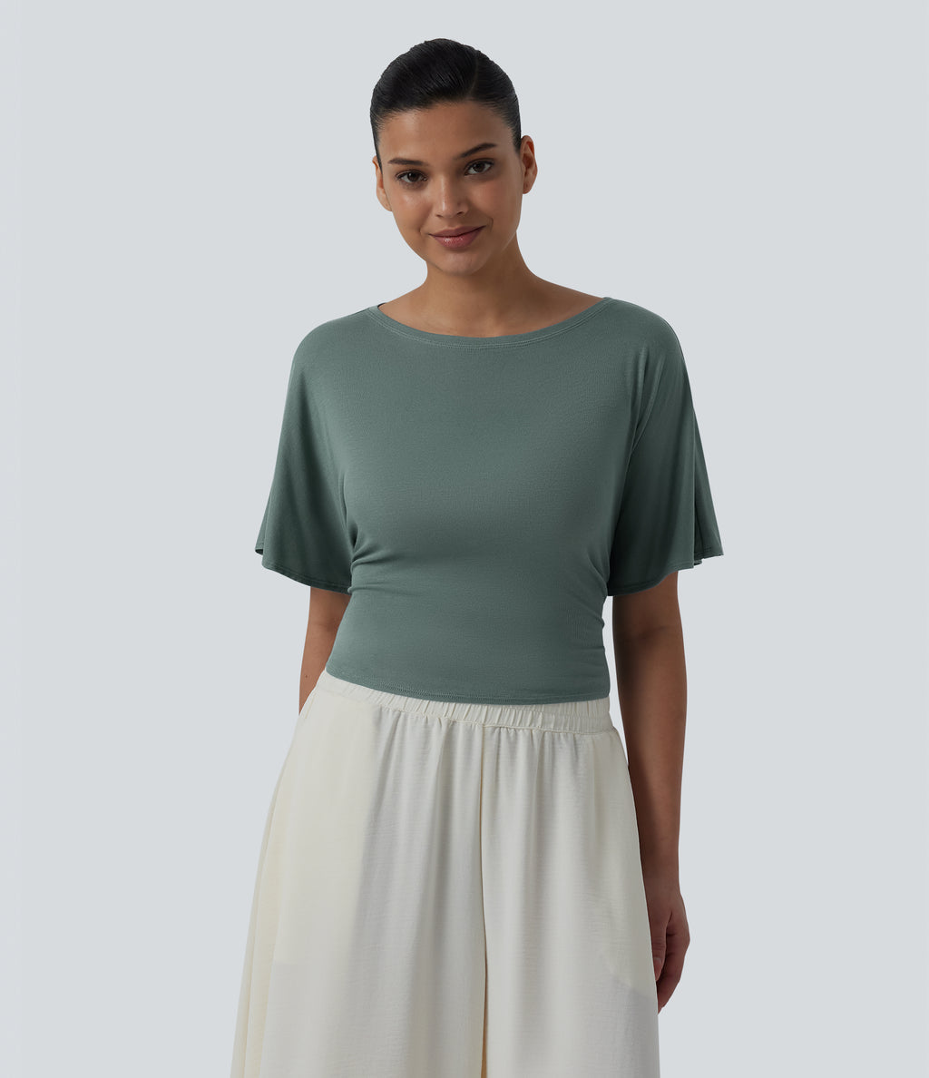 Boat Neck Ruffle Short Sleeve Tie Back Casual Top — Crab Shell Green — view 2