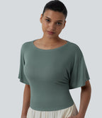 Boat Neck Ruffle Short Sleeve Tie Back Casual Top — Crab Shell Green — view 5