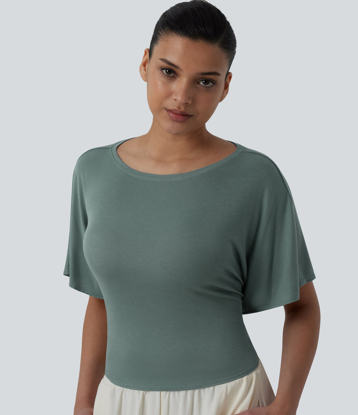 Boat Neck Ruffle Short Sleeve Tie Back Casual Top — Crab Shell Green — view 5