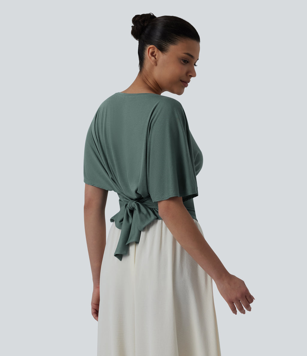 Boat Neck Ruffle Short Sleeve Tie Back Casual Top — Crab Shell Green — view 4