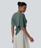 Boat Neck Ruffle Short Sleeve Tie Back Casual Top — Crab Shell Green — view 4