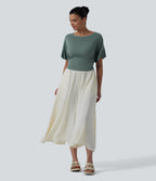 Boat Neck Ruffle Short Sleeve Tie Back Casual Top — Crab Shell Green — view 6