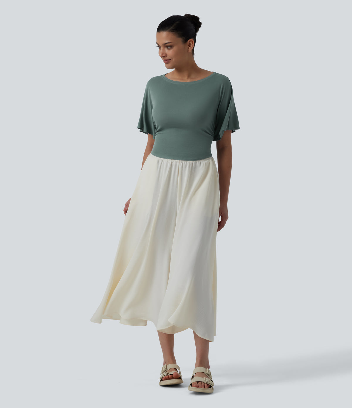 Boat Neck Ruffle Short Sleeve Tie Back Casual Top — Crab Shell Green — view 6