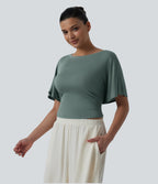 Boat Neck Ruffle Short Sleeve Tie Back Casual Top — Crab Shell Green — view 3