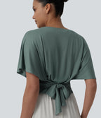 Boat Neck Ruffle Short Sleeve Tie Back Casual Top — Crab Shell Green — view 1