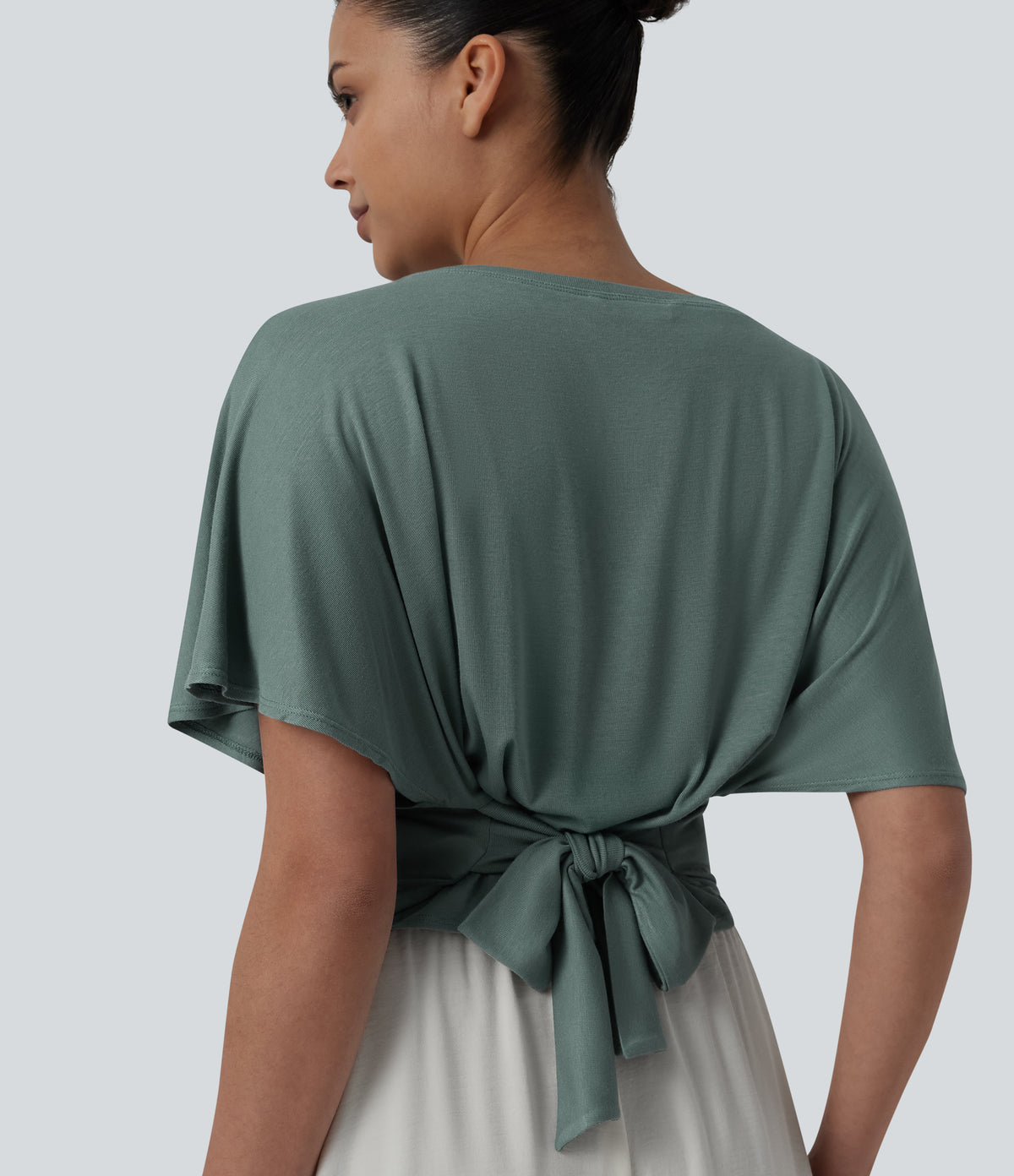 Boat Neck Ruffle Short Sleeve Tie Back Casual Top — Crab Shell Green — view 1