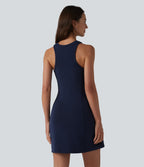 SpacerTek Round Neck Sleeveless Mini Casual Dress with Pockets — Peacoat — view 2