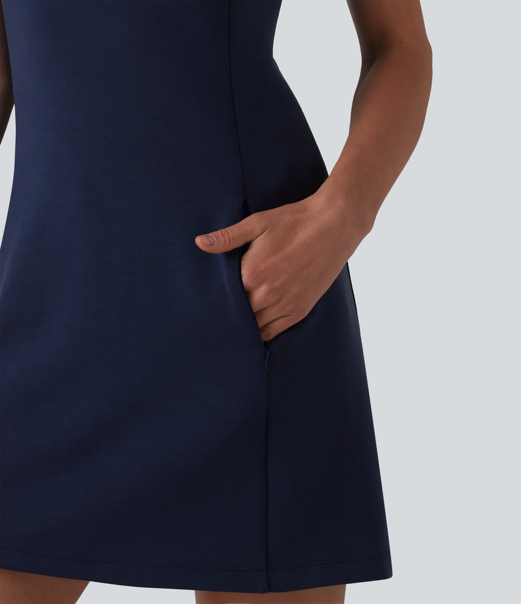 SpacerTek Round Neck Sleeveless Mini Casual Dress with Pockets — Peacoat — view 5