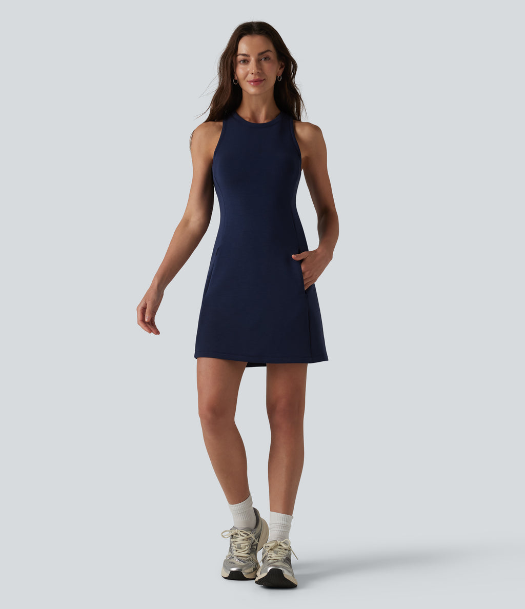 SpacerTek Round Neck Sleeveless Mini Casual Dress with Pockets — Peacoat — view 6
