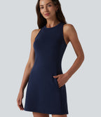 SpacerTek Round Neck Sleeveless Mini Casual Dress with Pockets — Peacoat — view 4