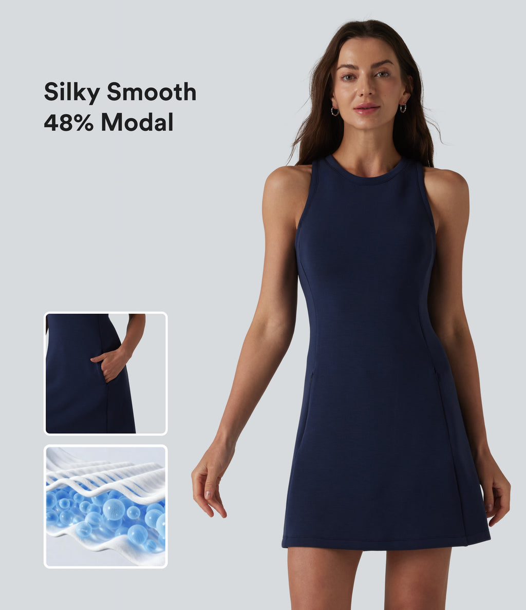 SpacerTek Round Neck Sleeveless Mini Casual Dress with Pockets — Peacoat — view 1