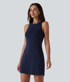 SpacerTek Round Neck Sleeveless Mini Casual Dress with Pockets — Peacoat — view 3
