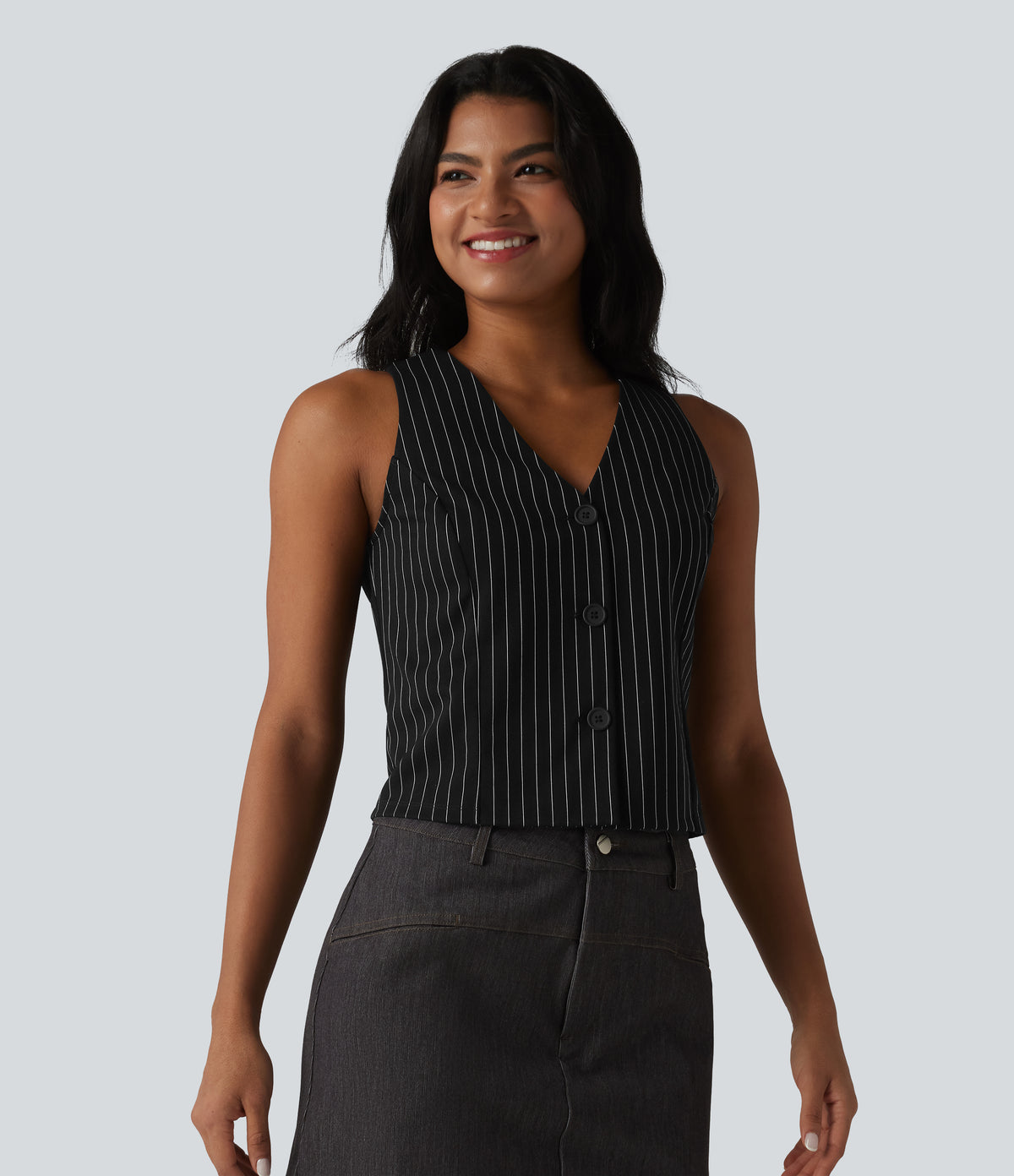 V Neck Stripe InstantCool Work Vest — Black White Pinstripe — view 4