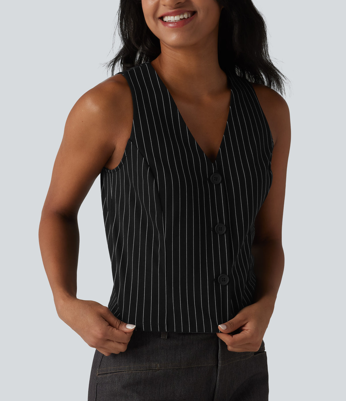 V Neck Stripe InstantCool Work Vest — Black White Pinstripe — view 5