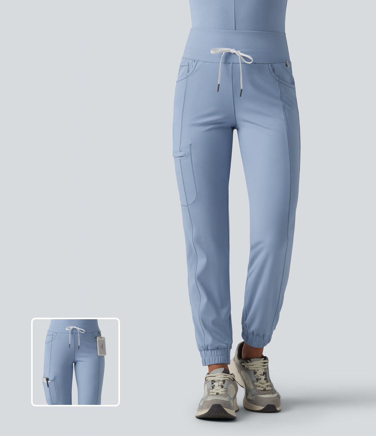 Airy Mid Rise Drawstring InstantCool Casual Cargo Scrub Joggers with Pockets — Light Grey Blue — view 1