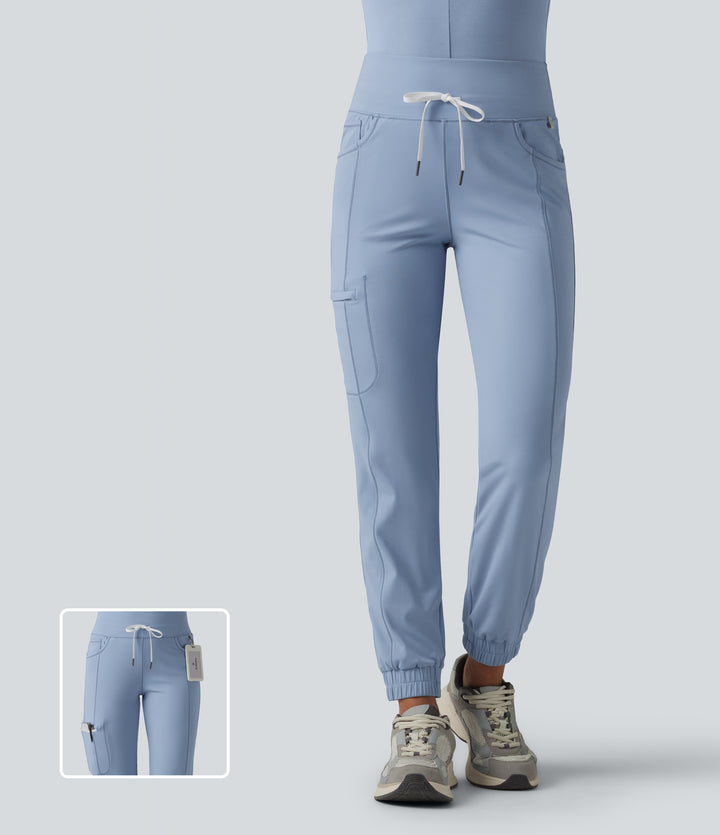 Airy Mid Rise Drawstring InstantCool Casual Cargo Scrub Joggers with Pockets — Light Grey Blue — view 1