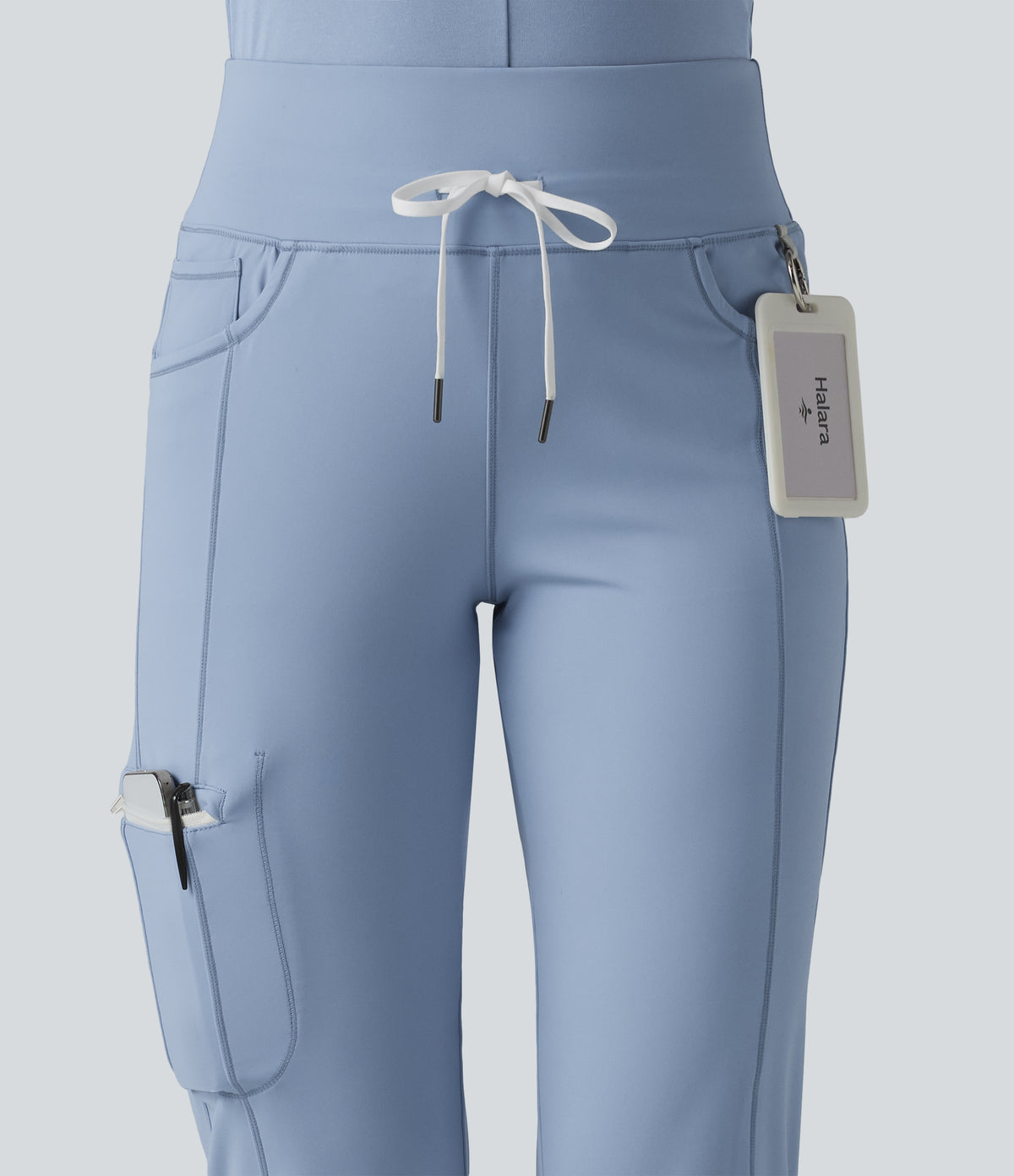 Airy Mid Rise Drawstring InstantCool Casual Cargo Scrub Joggers with Pockets — Light Grey Blue — view 4