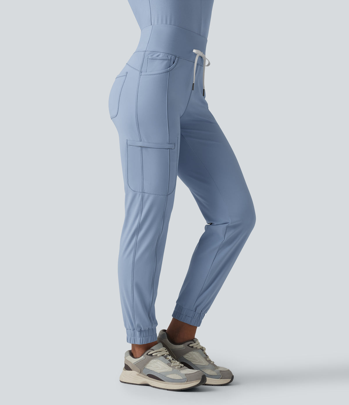 Airy Mid Rise Drawstring InstantCool Casual Cargo Scrub Joggers with Pockets — Light Grey Blue — view 3