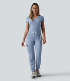 Airy Mid Rise Drawstring InstantCool Casual Cargo Scrub Joggers with Pockets — Light Grey Blue — view 5