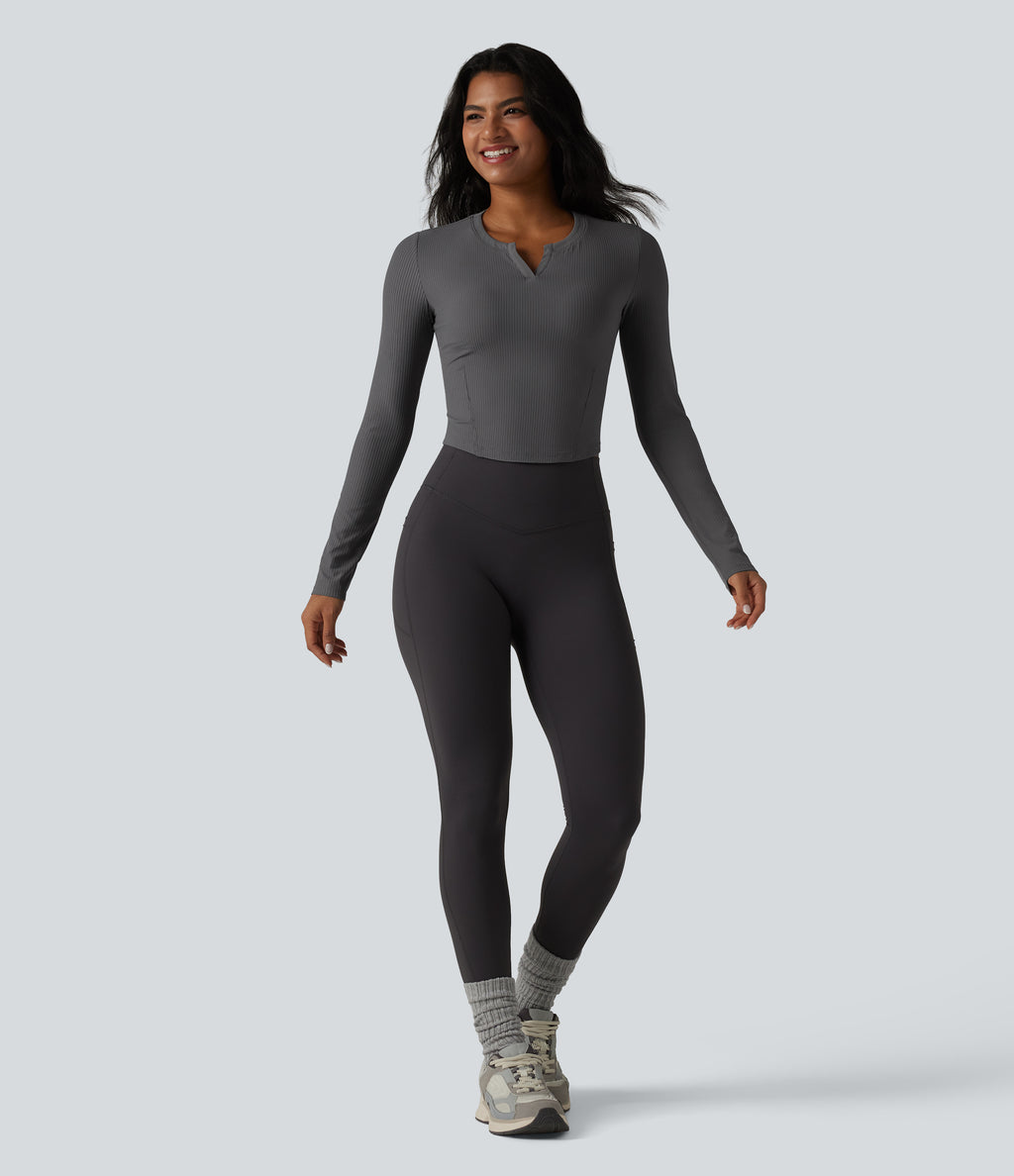 Ribbed Knit Notch Long Sleeve Non-Removable Pad Slim Casual Top — Volcanic Ash — view 6