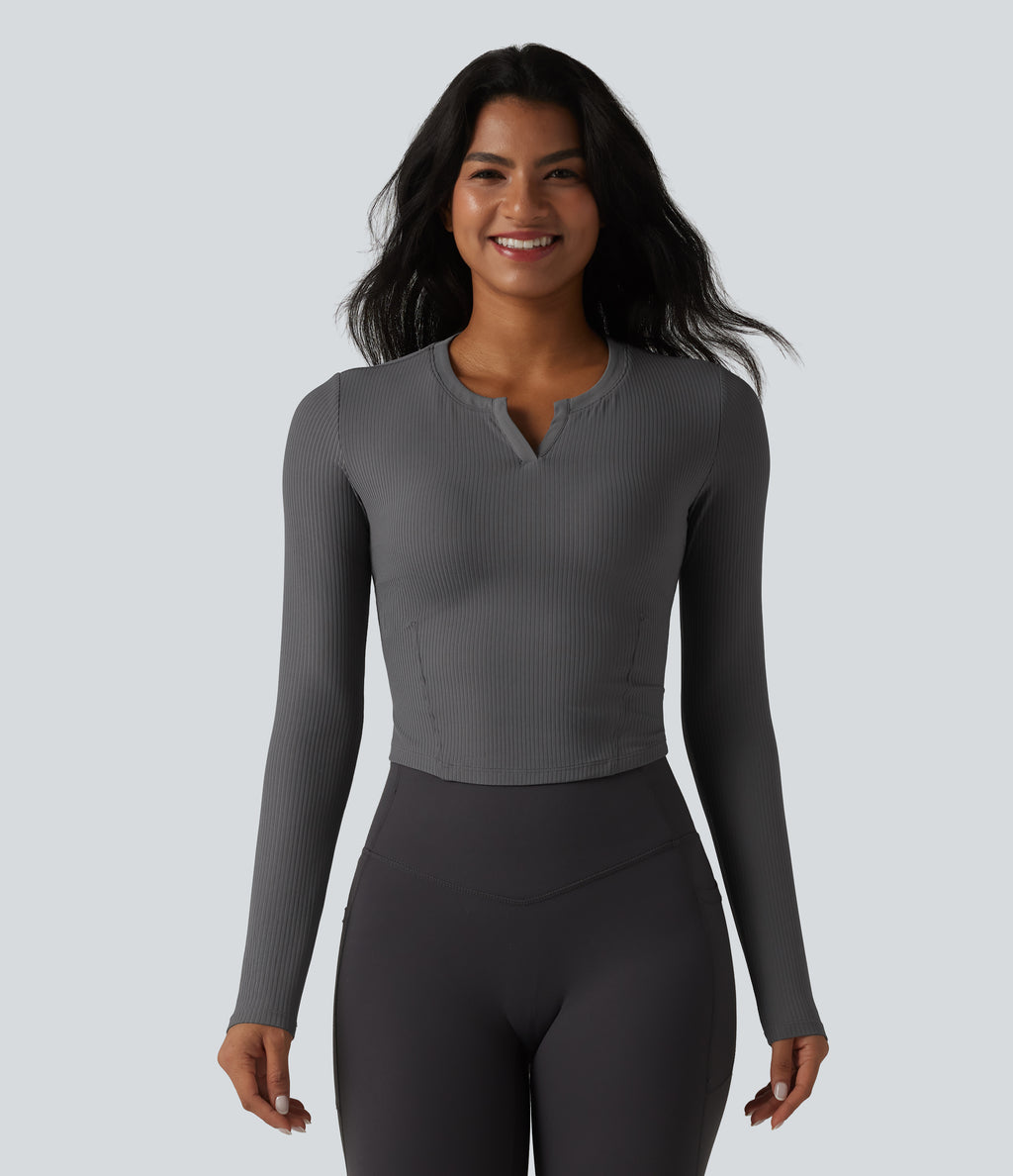 Ribbed Knit Notch Long Sleeve Non-Removable Pad Slim Casual Top — Volcanic Ash — view 4