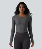 Ribbed Knit Notch Long Sleeve Non-Removable Pad Slim Casual Top — Volcanic Ash — view 4