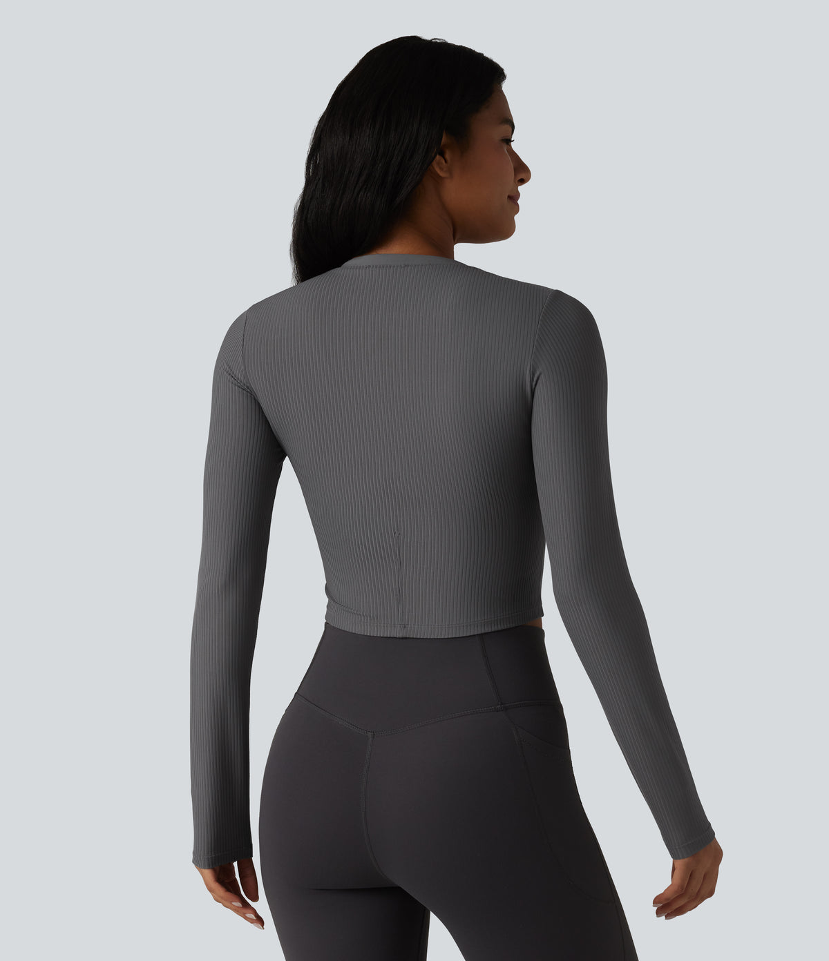 Ribbed Knit Notch Long Sleeve Non-Removable Pad Slim Casual Top — Volcanic Ash — view 2