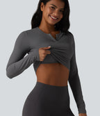 Ribbed Knit Notch Long Sleeve Non-Removable Pad Slim Casual Top — Volcanic Ash — view 1