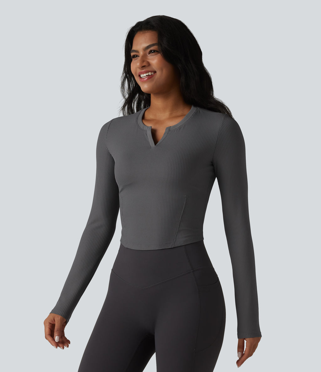 Ribbed Knit Notch Long Sleeve Non-Removable Pad Slim Casual Top — Volcanic Ash — view 3