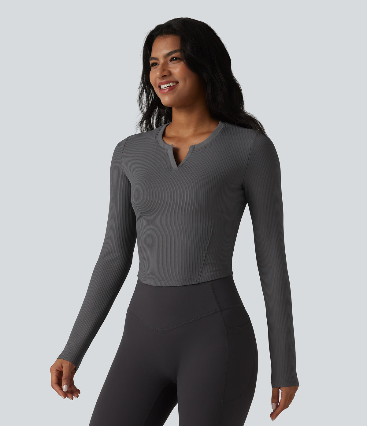 Ribbed Knit Notch Long Sleeve Non-Removable Pad Slim Casual Top — Volcanic Ash — view 3
