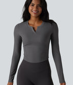 Ribbed Knit Notch Long Sleeve Non-Removable Pad Slim Casual Top — Volcanic Ash — view 5