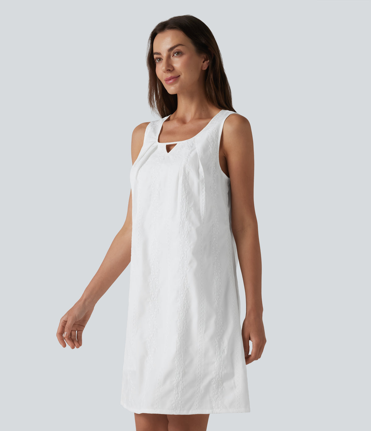 U Neck Sleeveless Embroidery Mini Dress — White — view 3