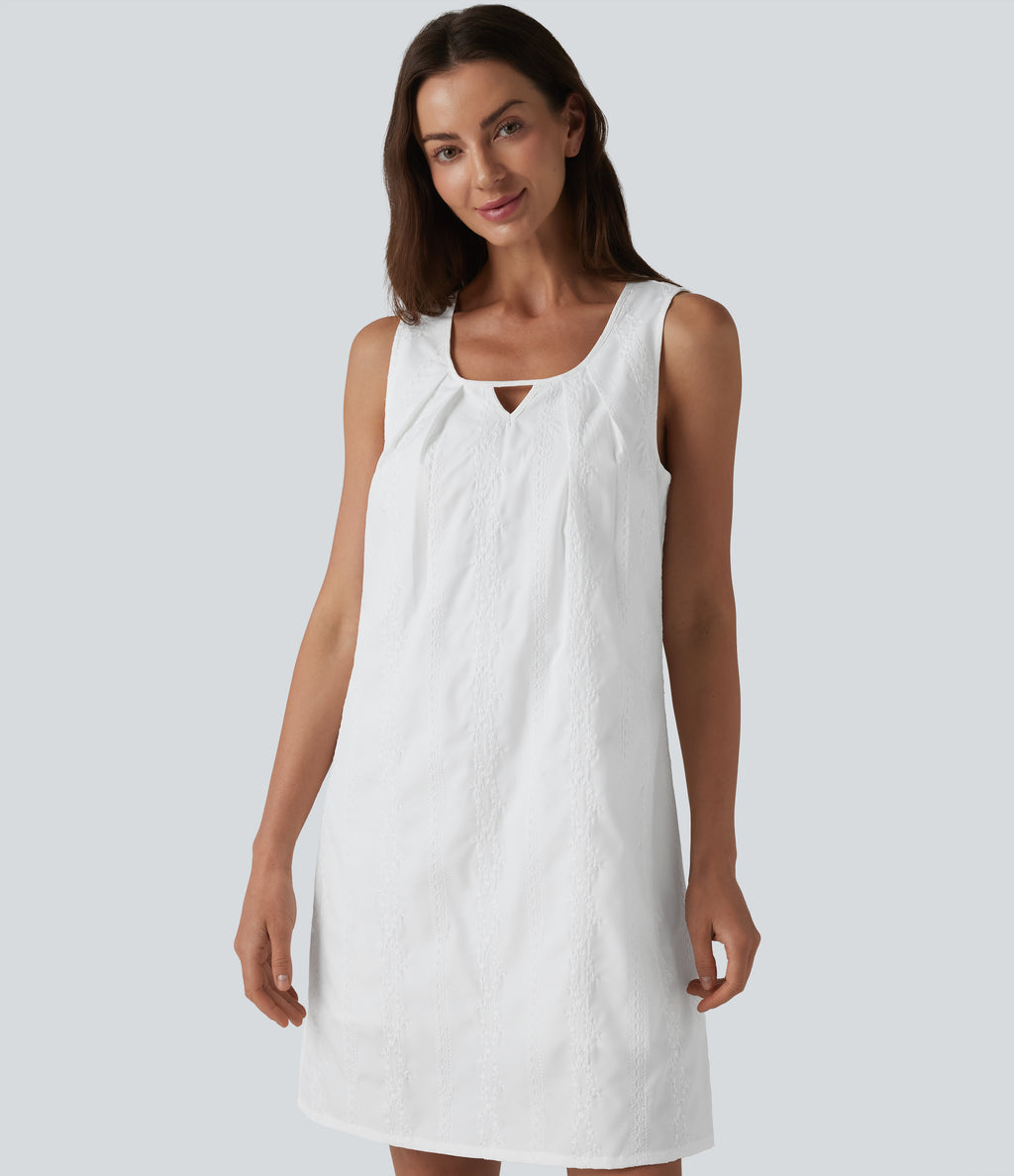 U Neck Sleeveless Embroidery Mini Dress — White — view 4
