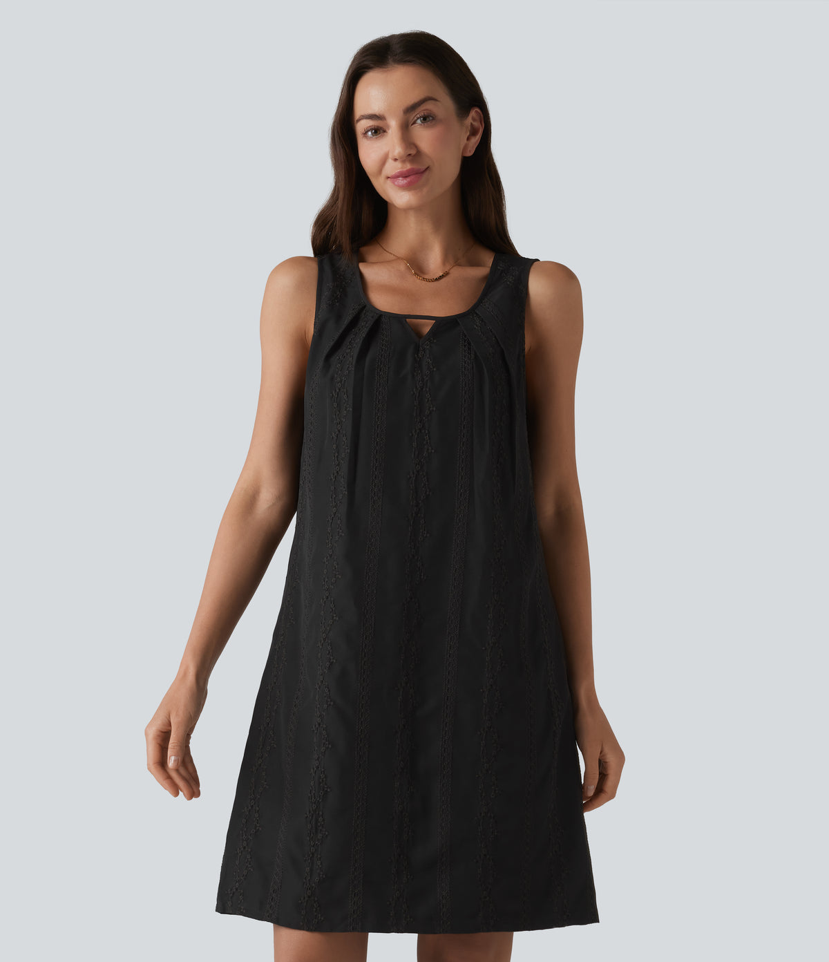 U Neck Sleeveless Embroidery Mini Dress — Black — view 8