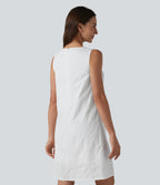 U Neck Sleeveless Embroidery Mini Dress — White — view 2