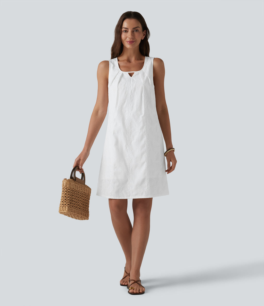 U Neck Sleeveless Embroidery Mini Dress — White — view 6