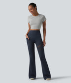 High Waisted Tummy Control Butt Lifting Contrast Mesh Flare Casual Leggings with Pocket — Midnight Blue — view 6
