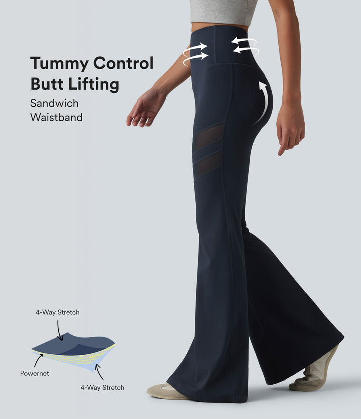 High Waisted Tummy Control Butt Lifting Contrast Mesh Flare Casual Leggings with Pocket — Midnight Blue — view 1