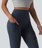High Waisted Tummy Control Butt Lifting Contrast Mesh Flare Casual Leggings with Pocket — Midnight Blue — view 4