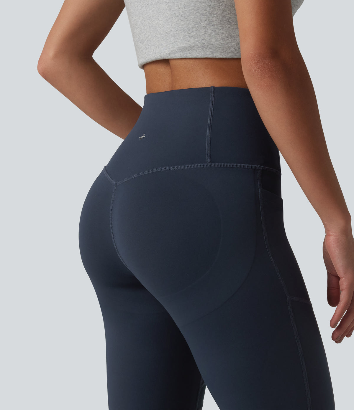 High Waisted Tummy Control Butt Lifting Contrast Mesh Flare Casual Leggings with Pocket — Midnight Blue — view 5