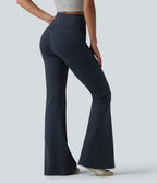 High Waisted Tummy Control Butt Lifting Contrast Mesh Flare Casual Leggings with Pocket — Midnight Blue — view 2