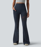 High Waisted Tummy Control Butt Lifting Contrast Mesh Flare Casual Leggings with Pocket — Midnight Blue — view 3