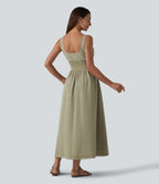 Square Neck Lace Up Corset Midi Casual Dress with Pockets — Earthy Yellow — view 2